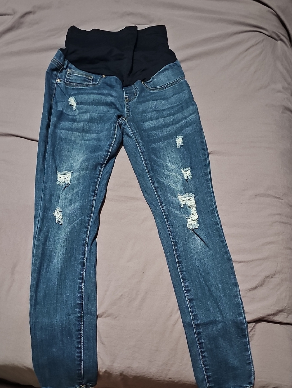 Maternity Distressed Dark Blue Skinny Jeans with Black Belly Panel